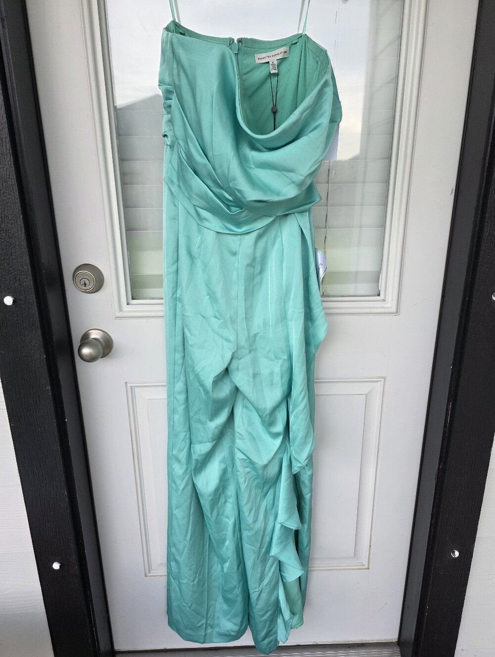 Dress The Population Mint Green Satin Wide Leg Jumpsuit Ruched Cowl Neck Size M - Picture 2 of 12